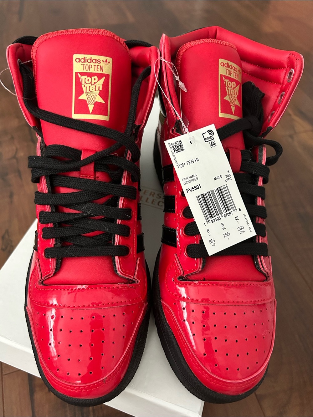 adidas Red and Black High-Top Patent Sneakers